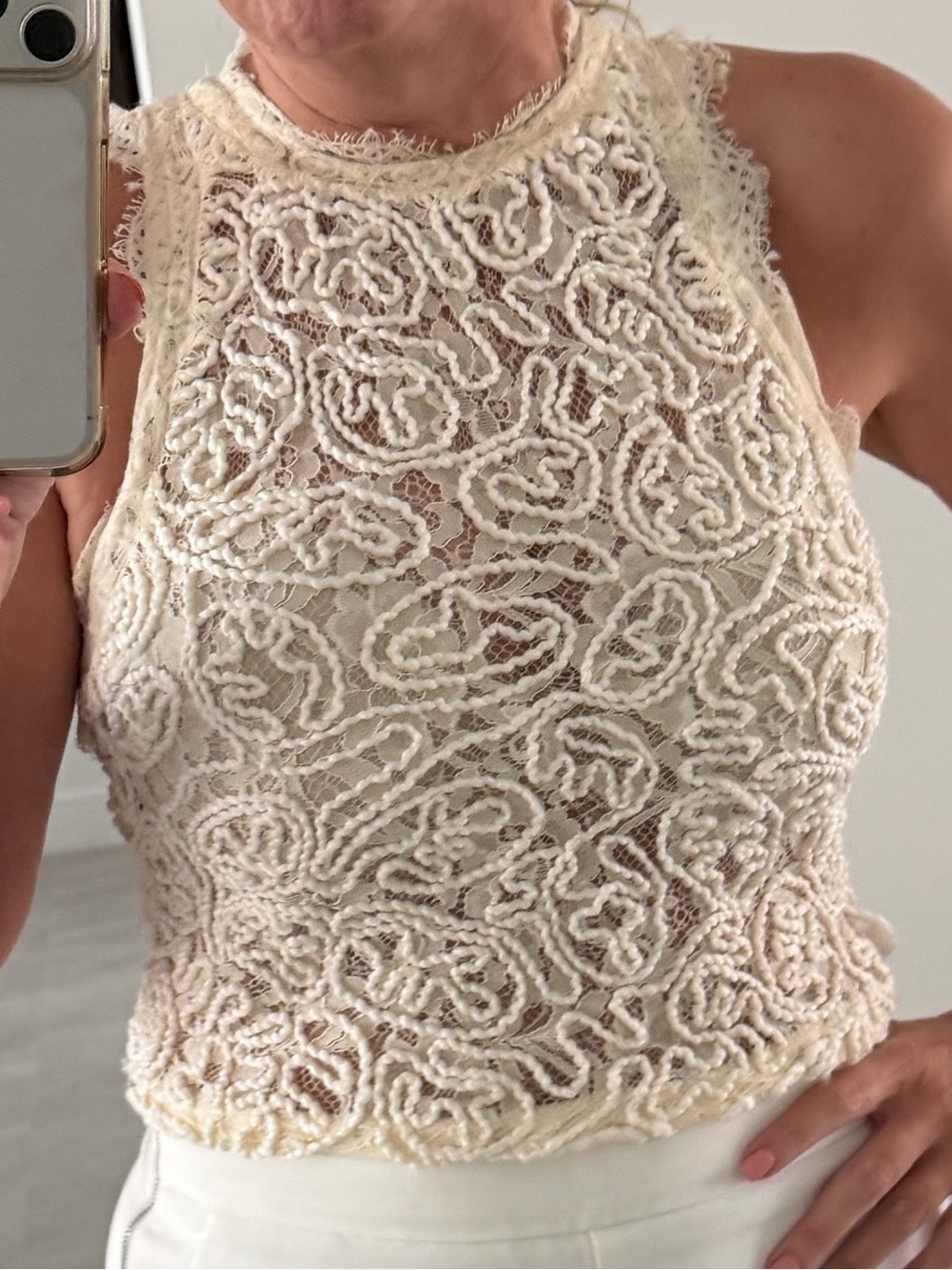 Zara Cream Lace High-Neck Crop Top